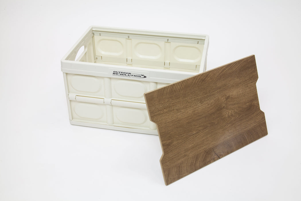 Outdoor Revolution Shimanto Folding Camping Storage Box with Table Top - product image, showing expanded box with table top taken off and leaning against box