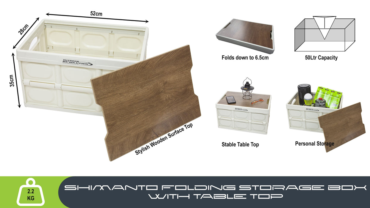 Outdoor Revolution Shimanto Folding Camping Storage Box with Table Top - product image, showing expanded box with lid and collapsed box, plus capacity and storage demonstrations