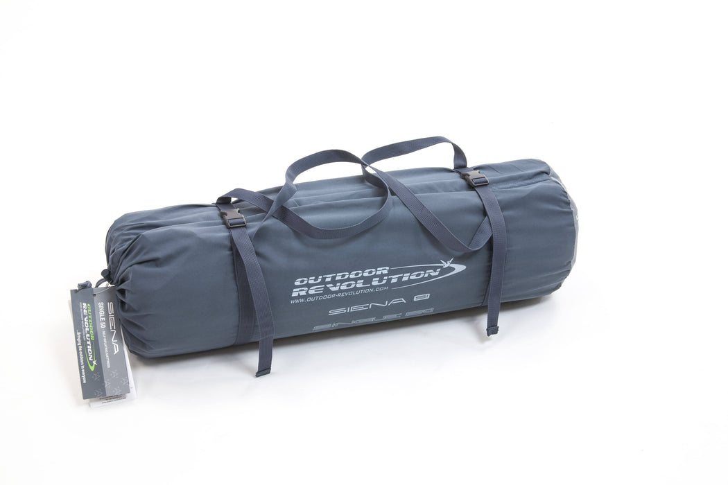 A blue rolled-up single ORSM0013 self-inflating Outdoor Revolution Siena sleeping mat with dual top handles and printed white branding reading 'OUTDOOR REVOLUTION' and 'Siena 6', photographed on a clean white studio background.