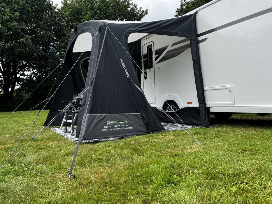 Outdoor Revolution Sport Pro 260 Inflatable Air Canopy with Front Door side view close up with open doors