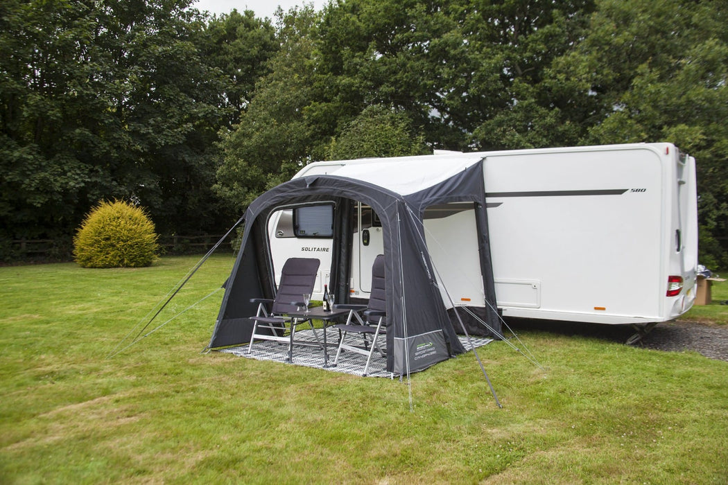 Outdoor Revolution Sport Pro 260 Inflatable Air Canopy with Front Door side view with chairs and table and open doors
