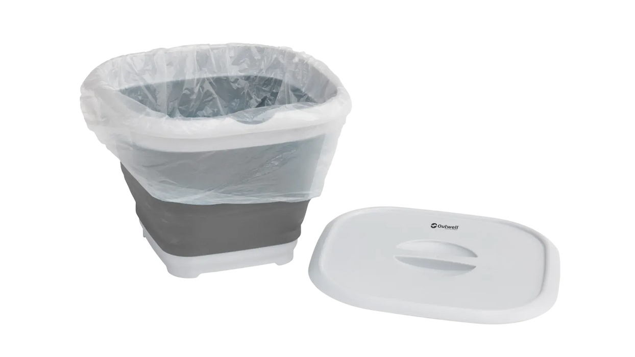 Outwell 9 Litre Collapsible Square Bucket - product image, showing bucket with translucent liner inside, with lid separated next to it
