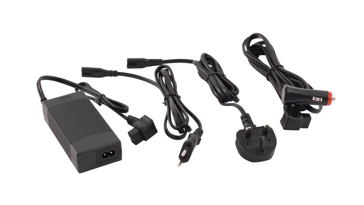 Outwell Arctic Chill 50 Compressor Cooler - product image, showing variety of power cords