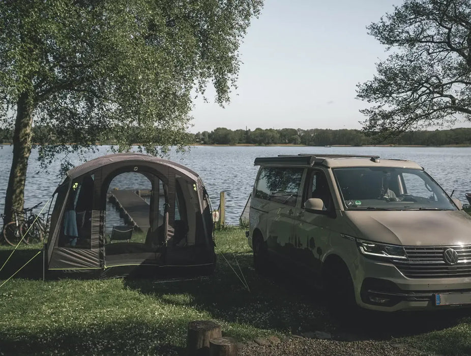 Outwell Armona Campervan Drive Away Awning - lifestyle image, showing awning outside detached from vehicle