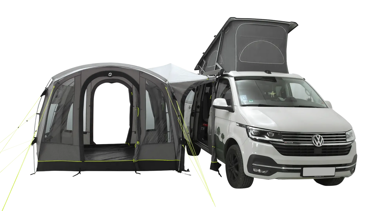 Outwell Armona Campervan Drive Away Awning - product image, showing awning attached to van from front view with front and rear doors and side tunnel open