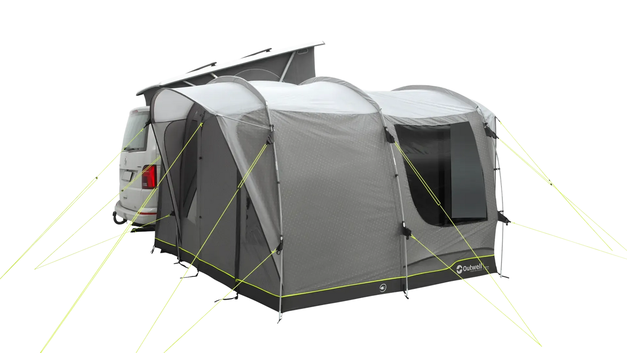 Outwell Armona Campervan Drive Away Awning - product image, showing awning attached to vehicle from rear side angle