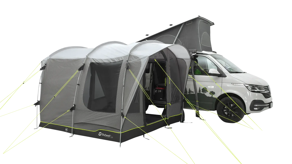 Outwell Armona Campervan Drive Away Awning - product image, showing awning attached to vehicle, with front and side doors and side window open