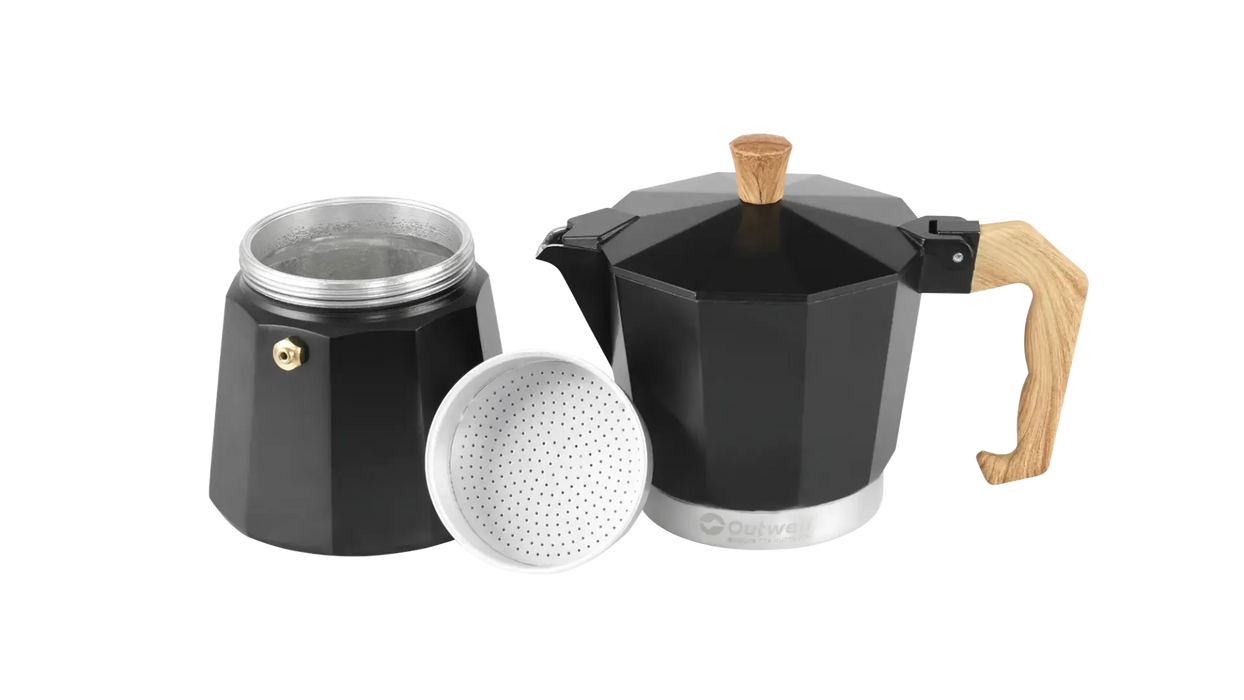 Outwell Brew Espresso Maker 6 Cup Camping Coffee Pot - product image, showing pot in disassembled state with all component parts