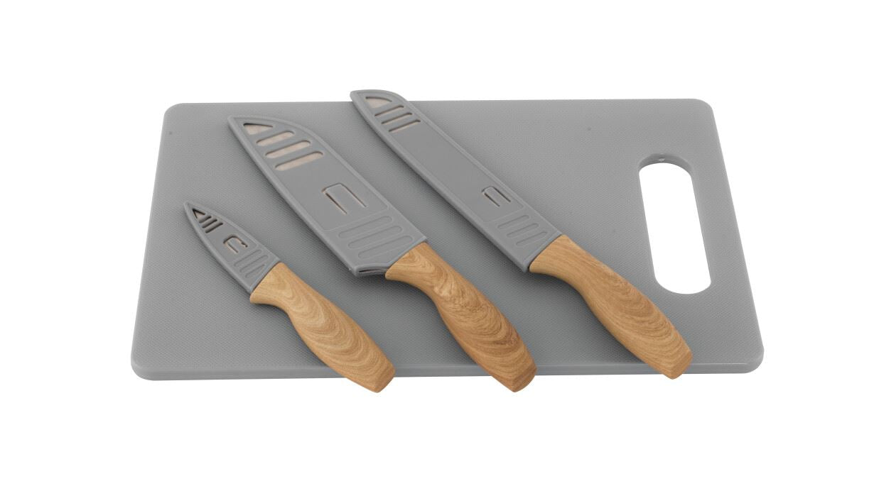 Outwell Caldas Knife Set with Cutting Board feature image of the board with knifes lined up with cases on