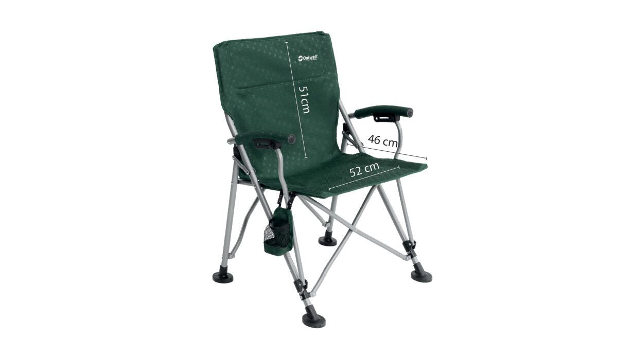 Outwell Campo Chair with Padded Armrests & Oversized Feet - Forest Green feature image showing dimensions of chair seat and back 51cm. 52 cm width and 46cm depth
