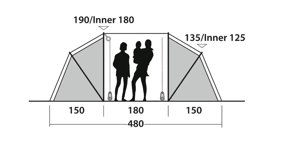 Outwell Casagrande 4 Person Tunnel Family Tent - product diagram with dimensions