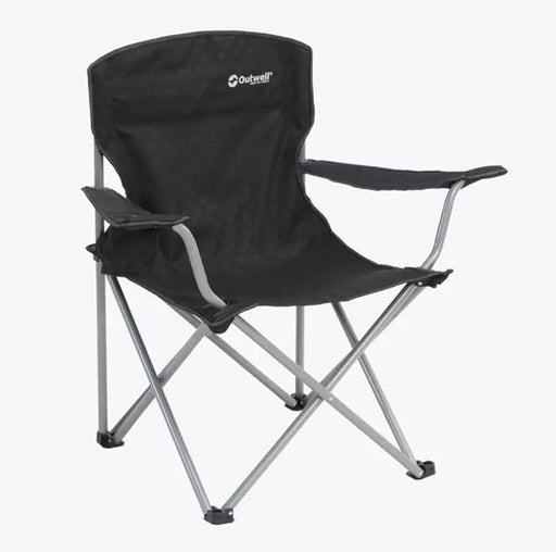 Black camping chair with silver frame on a white background