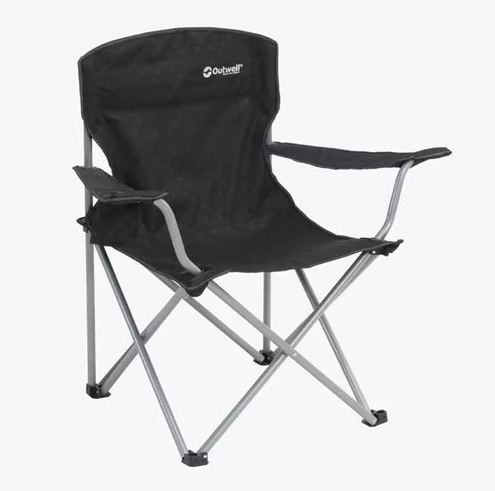 Black camping chair with silver frame on a white background