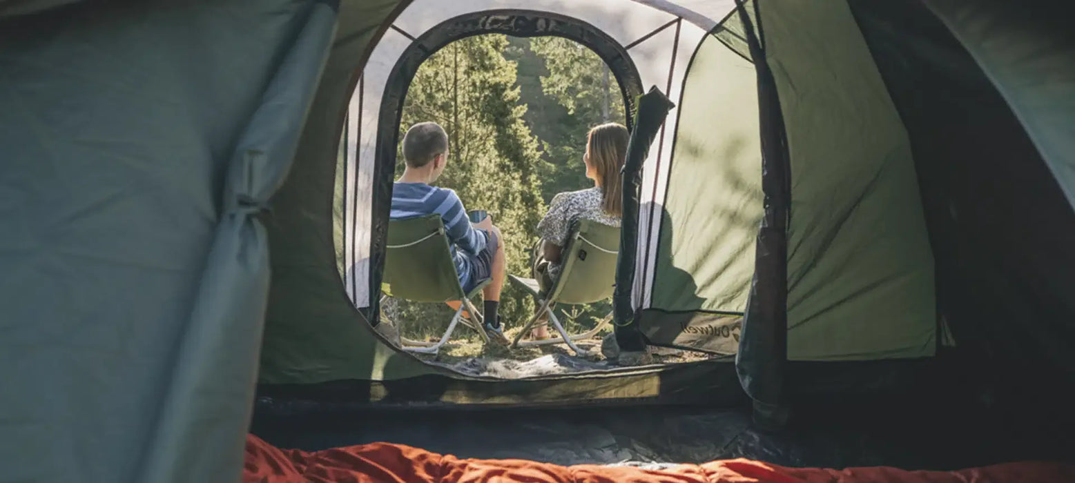 Outwell Cloud 4 - Lightweight 4-Person Dome Tent - lifestyle image, showing couple through open tent door