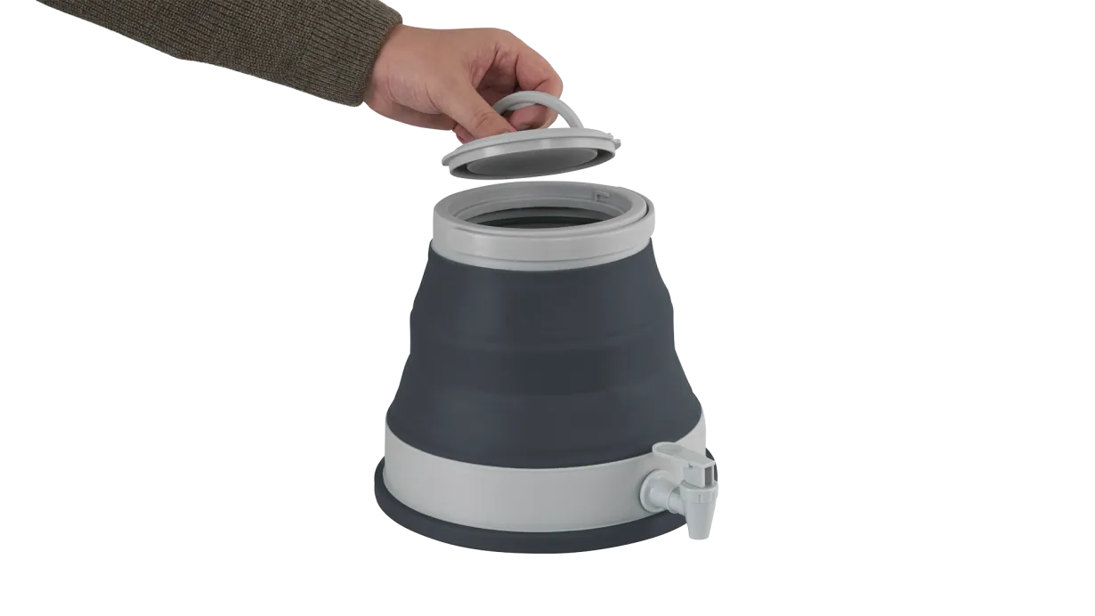 Outwell Collaps 6 Litre Camping Water Carrier - product image, showing person lifting lid on water carrier