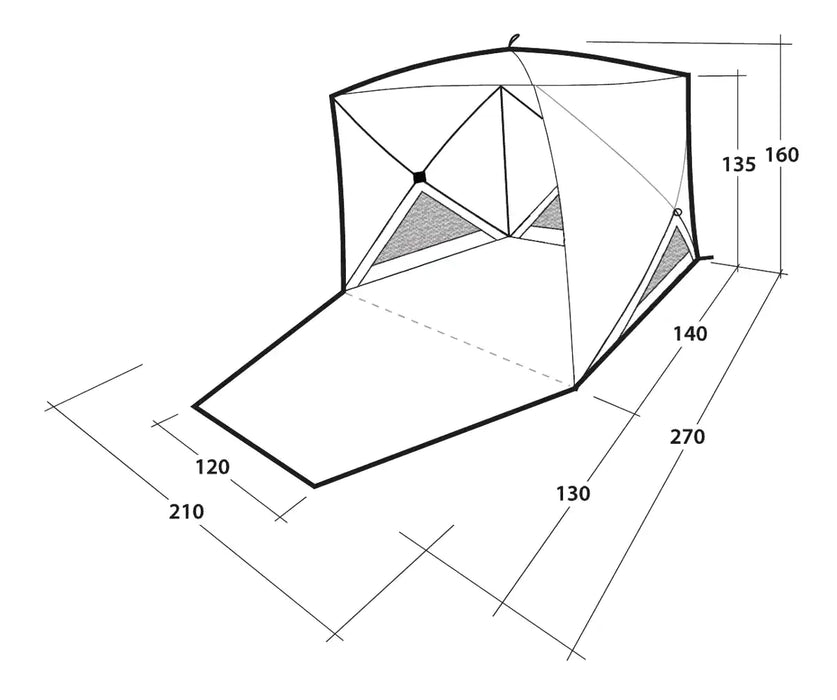 Outwell Compton Fibreglass Beach Shelter - product diagram with dimensions
