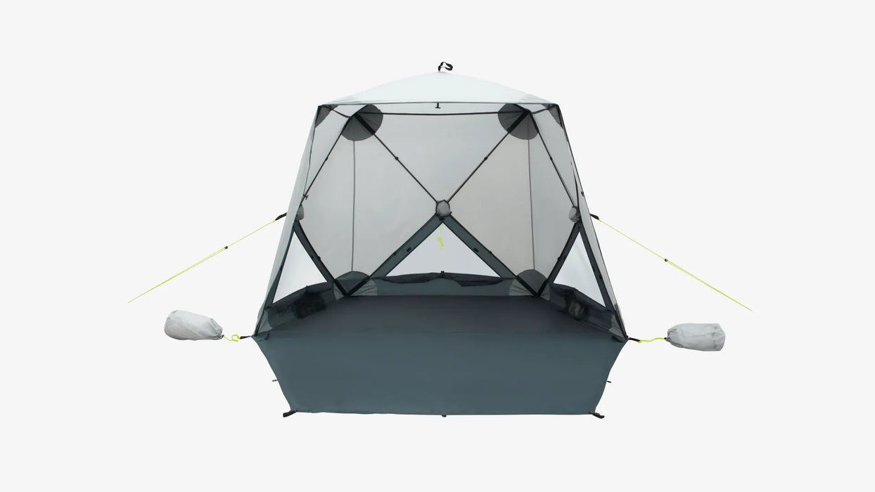 Outwell Compton Fibreglass Beach Shelter - product image, showing shelter with partial front door lowered