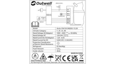 Outwell Cool Box Artic Chill 30 - Camping Compressor Fridge Coolbox feature image infographic of electrical info