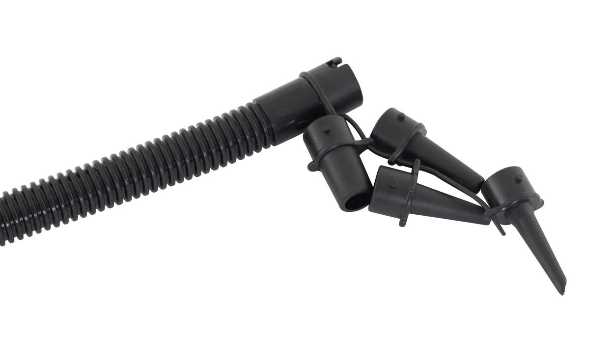 Outwell Double Action Air Pump - product image, showing close-up of hose and adapters