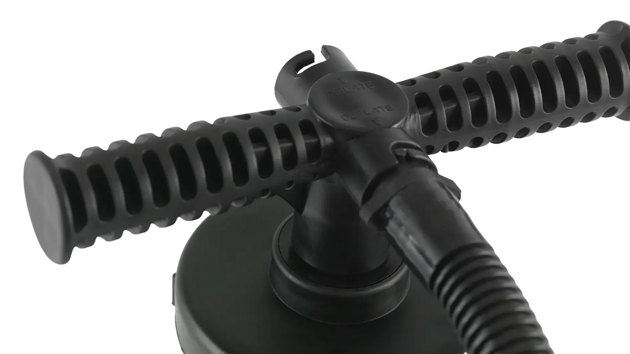 Outwell Double Action Air Pump - product image, showing close-up of pump handle with 'inflate' and 'deflate' denotations, and hose attached