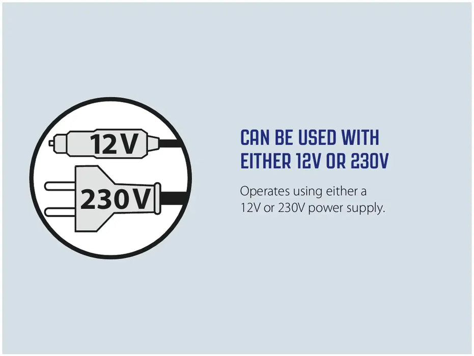 Outwell Eco Ace 24 Portable 12V 230V Camping Electric Cool Box - product 12V/230V power infographic