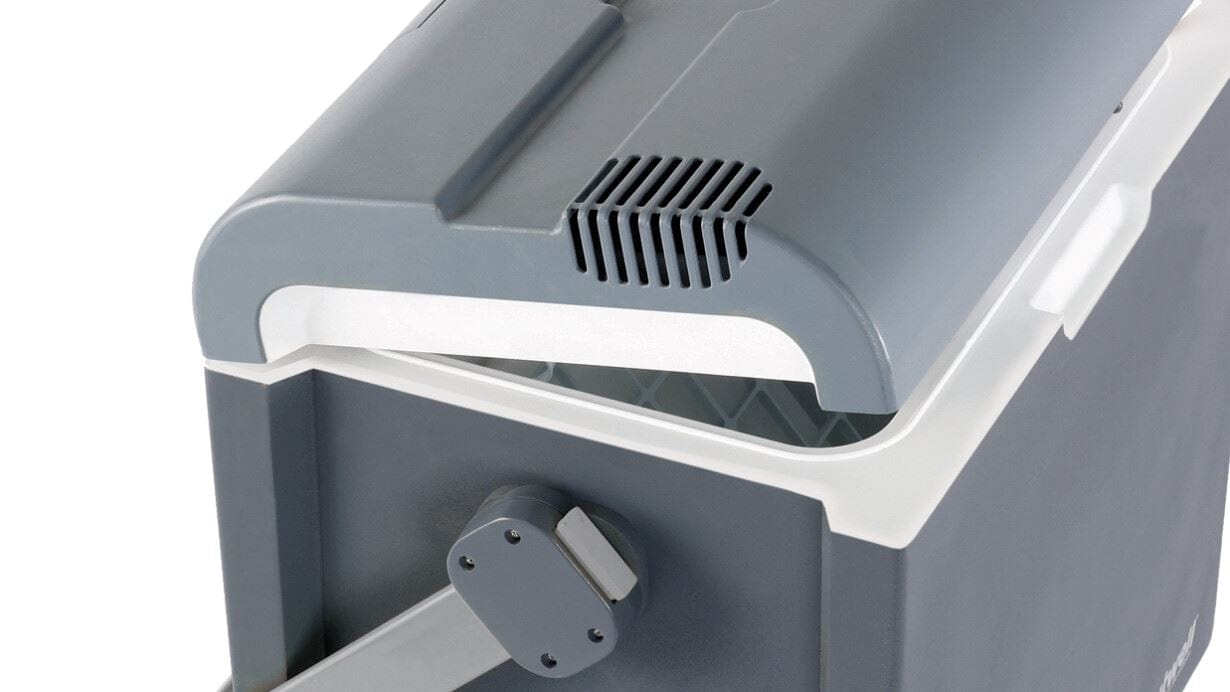 Outwell ECOcool 24L Cool Box 12V/230V – Slate Grey - product image, shown from upper side view with lid ajar