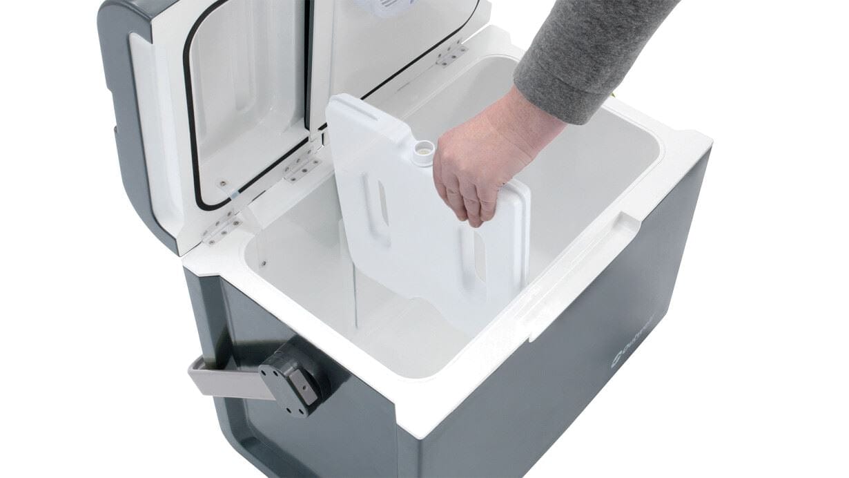 Outwell ECOcool 24L Cool Box 12V/230V – Slate Grey - product image, showing lid open with ice pack divider