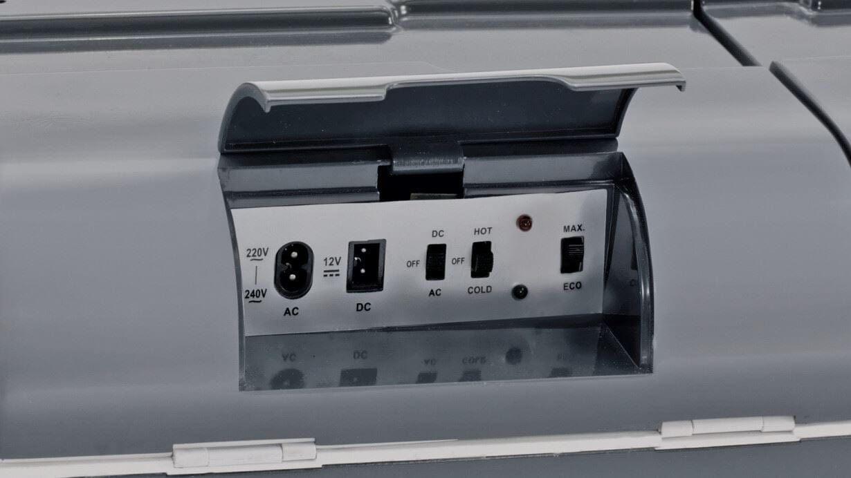 Outwell ECOcool 35 Litre Coolbox - 12 Volt & 230 Volt Dual Power - close-up of product power input and control panel