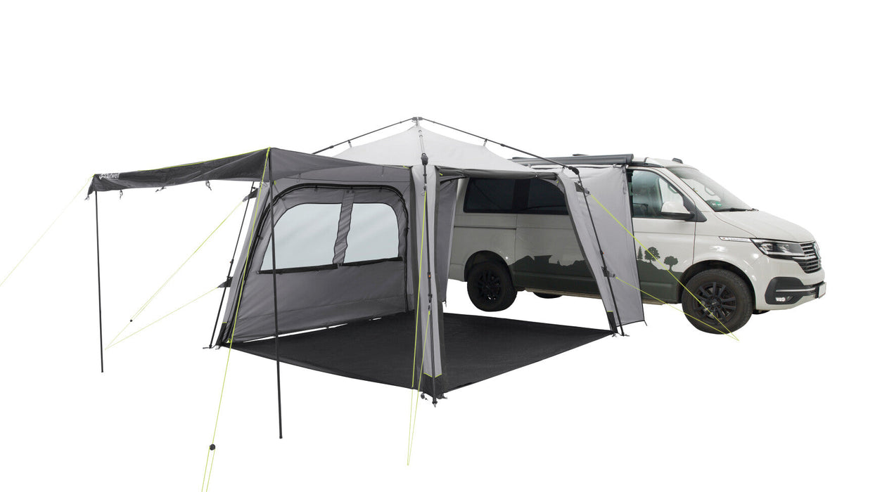 Outwell Fastlane 300 Event Shelter / gazebo / Tent 3m x 3m feature image of shelter with groundsheet down, one side zipped down with window in and one side with canopy poles 