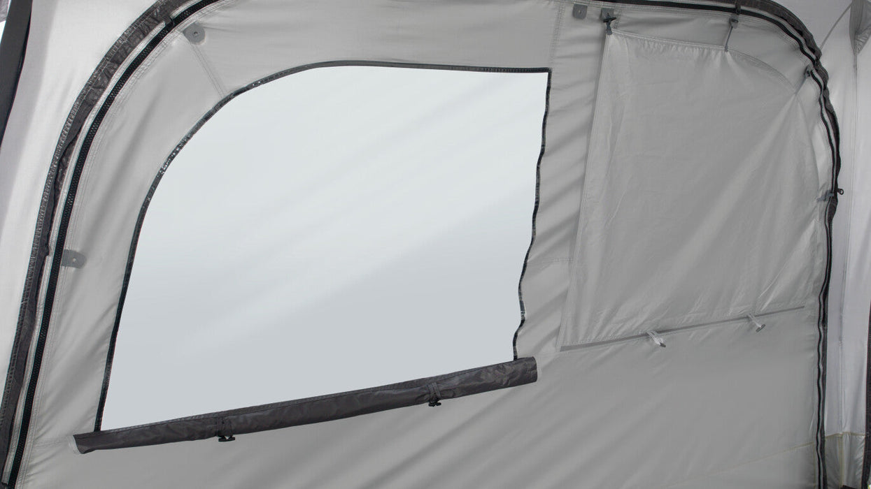 Outwell Fastlane 300 Event Shelter / gazebo / Tent 3m x 3m feature image of window panels, showing one curtain toggled down and one toggled up