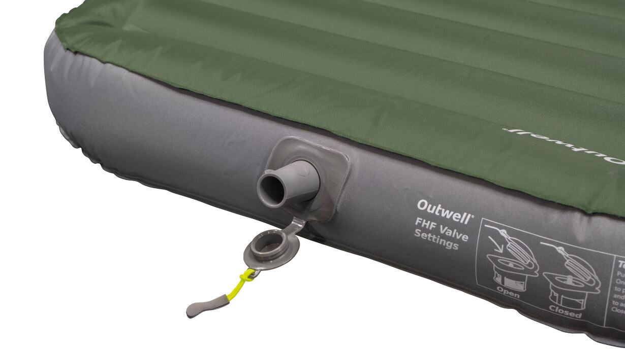 Outwell FHF PUMP ADAPTER feature image showing valve in side of green airbed
