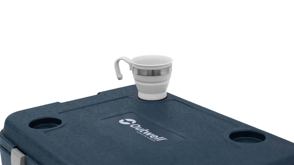 Outwell Fulmar 60 Litre Non Electric Coolbox - product image, showing close-up of in-built cup holder in use with cup (not included)