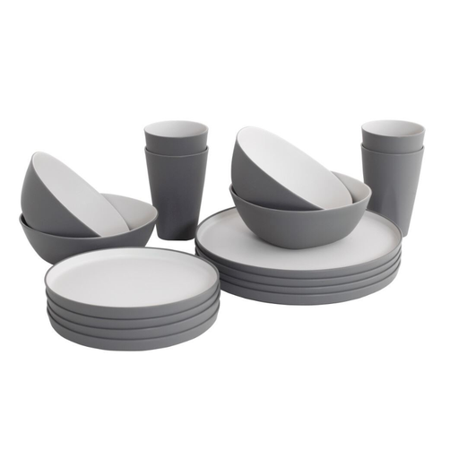 Outwell Gala 4 Person Melamine Dinner Set - Grey Mist main feature image showing all 4 dinner plates and side plates stacked and two bowls on top of the dinner plates, two bowls behind the side plates and cups at the back stacked in two twos.