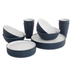 Outwell Gala 4 Person Melamine Dinner Set - navy night colour. main feature image showing all 4 dinner plates and side plates stacked and two bowls on top of the dinner plates, two bowls behind the side plates and cups at the back stacked in two twos.