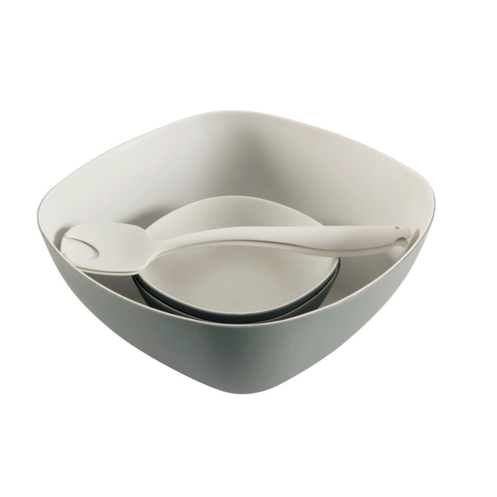 Outwell Gala Salad Bowl Melamine Set - Grey Mist feature image of stackable set with large bowl and two small bowls with cutlery inside on top