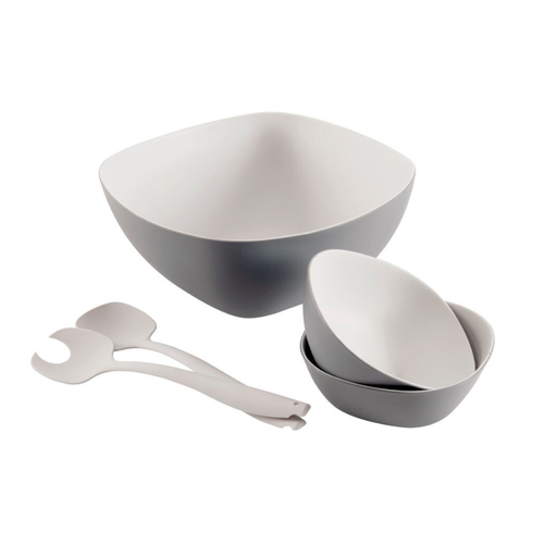 Outwell Gala Salad Bowl Melamine Set - Grey Mist main feature image of the set showing large salad bowl and two small bowls and cutlery