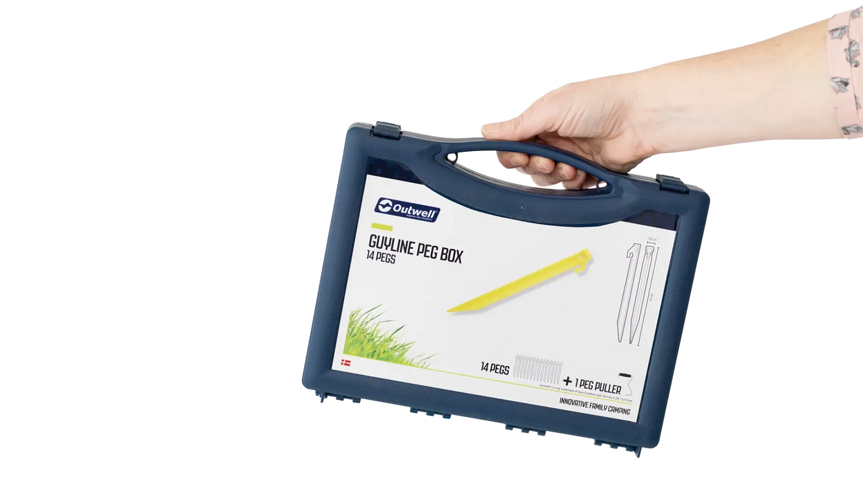 Outwell Guyline Peg Box - product image, showing outer box with person holding carry handle