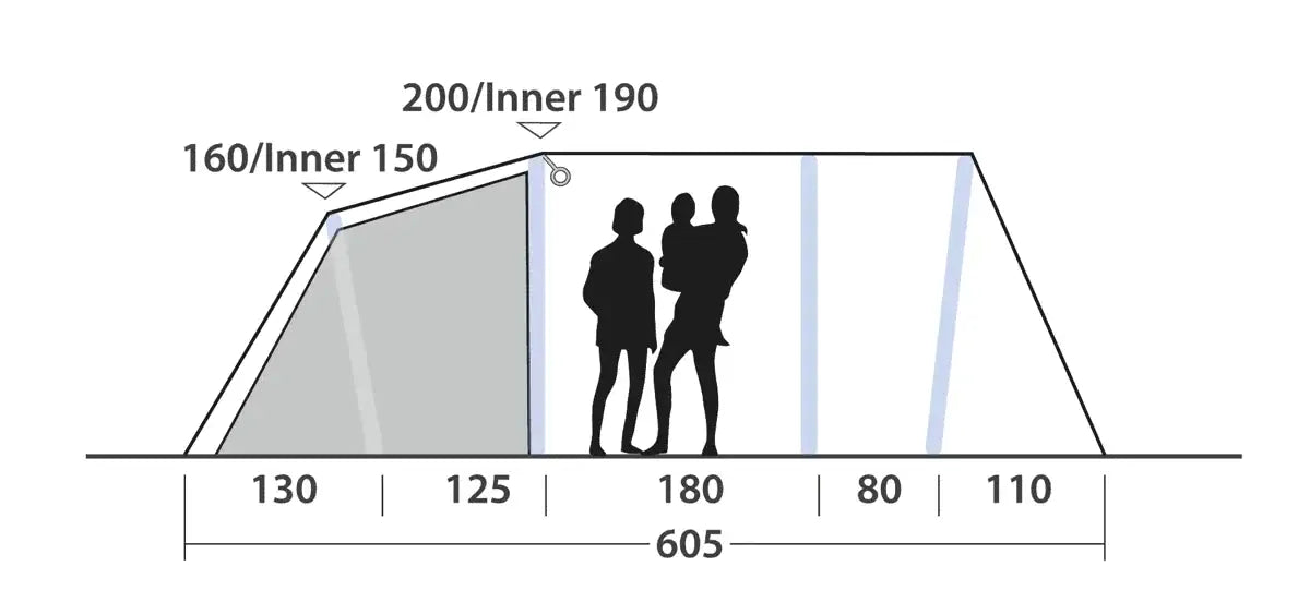 Outwell Hornet 5 Person Inflatable Family Tent - product diagram with dimensions