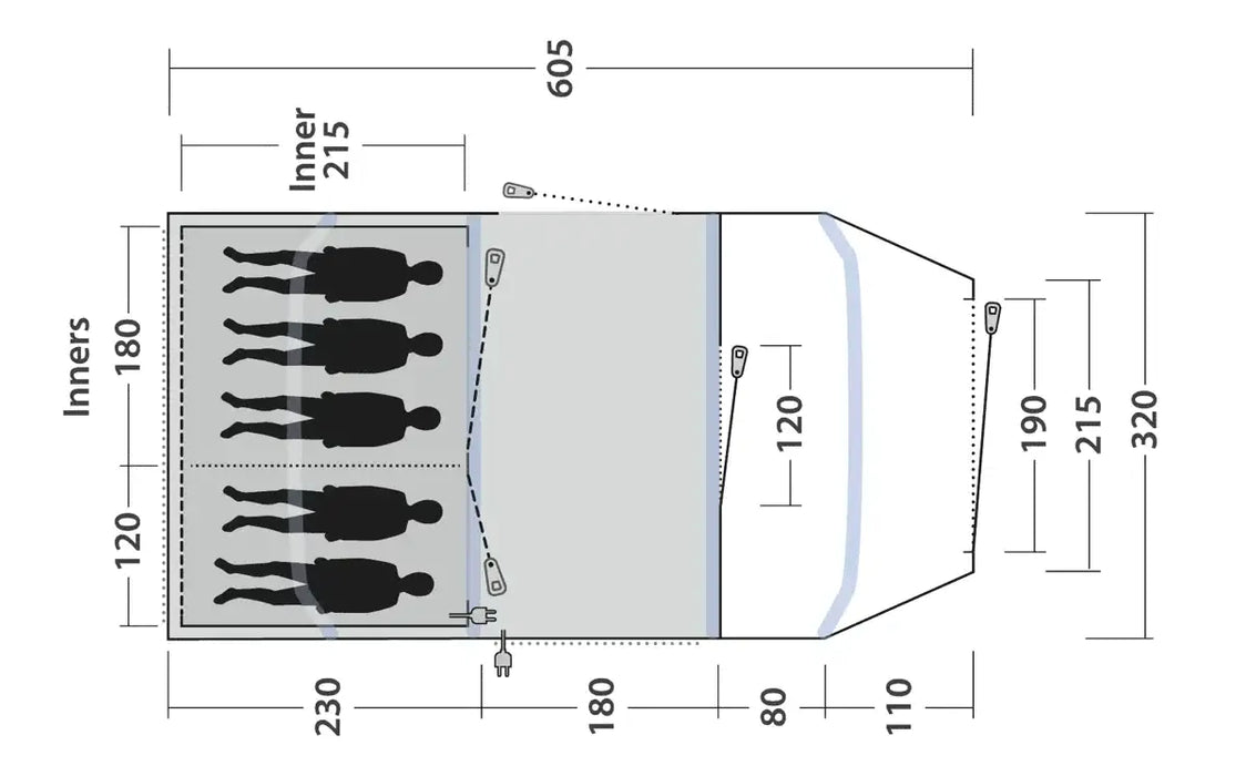 Outwell Hornet 5 Person Inflatable Family Tent - product floorplan diagram with dimensions
