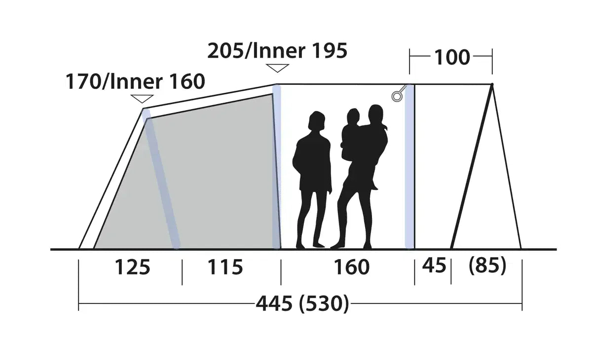 Outwell Monterey 5 Air Inflatable 5-Person Tent - product dimensions infographic