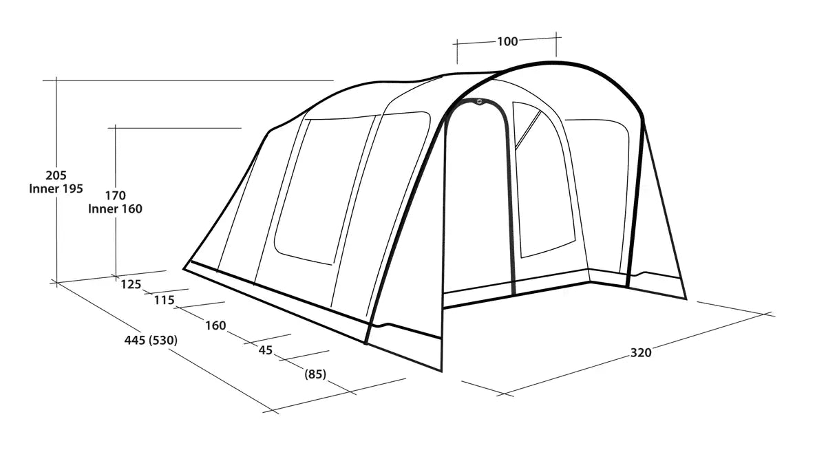 Outwell Monterey 5 Air Inflatable 5-Person Tent - product dimensions infographic