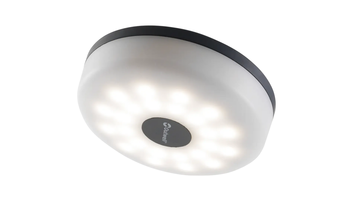 Outwell Moonstone String Light Camping Lantern - product image, shown from below, lit and hanging