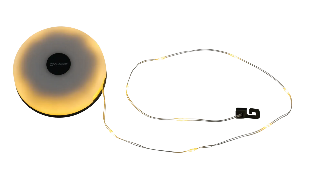 Outwell Moonstone String Light Camping Lantern - product image, shown lit with string light and hook extension