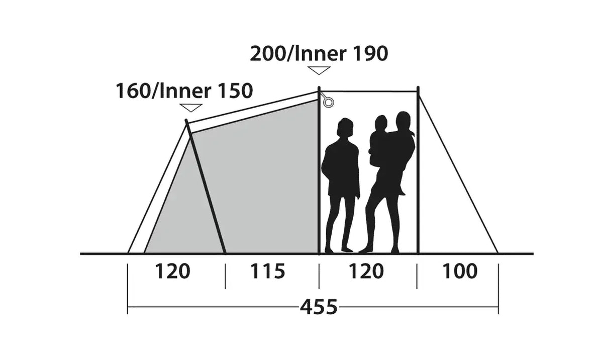 Outwell Nevada 4 Person Tunnel Family Tent - product diagram with dimensions