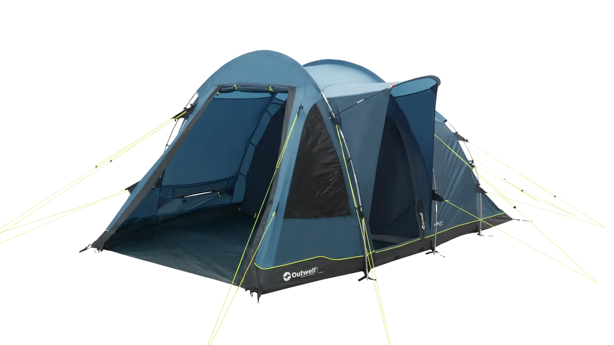 Outwell Nevada 4 Person Tunnel Family Tent - product image from front-right side view, with front and side doors open