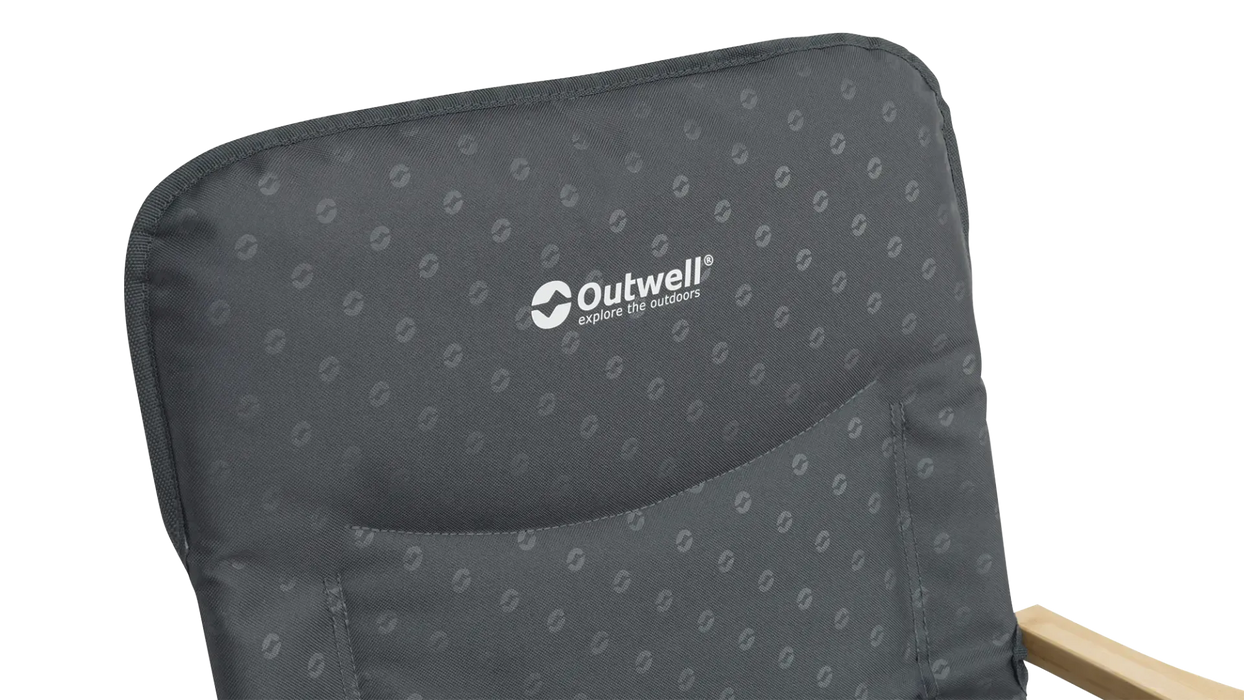 Outwell NomadNest Fold Flat Padded Camping Chair - Misty Grey - product image, showing close-up of padded headrest with logo
