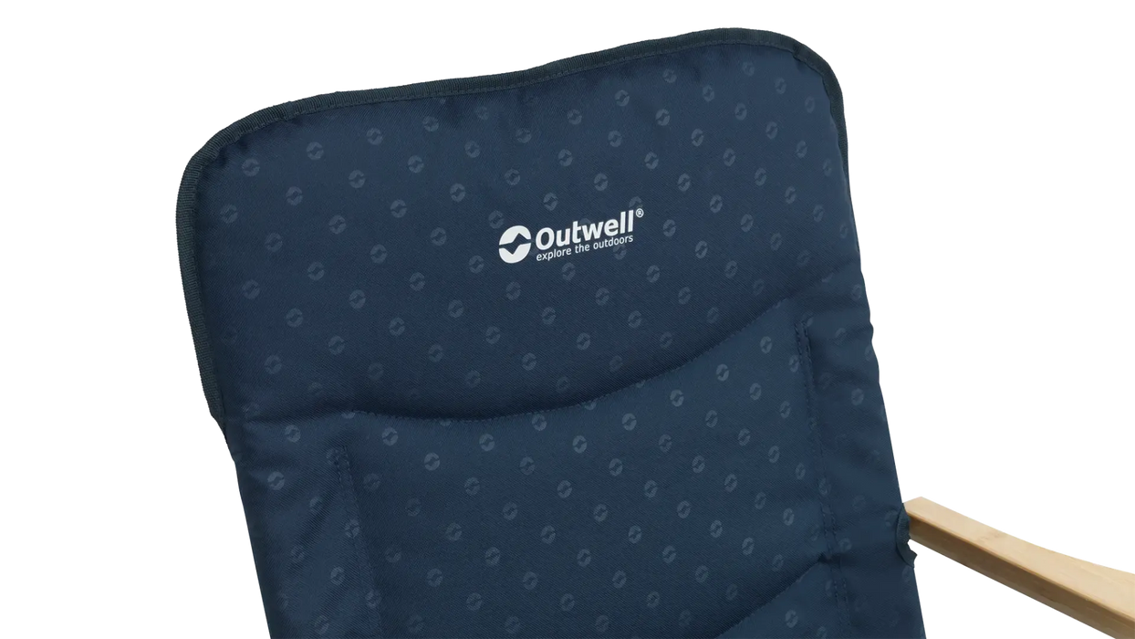 Outwell NomadNest Fold Flat Padded Camping Chair - Navy Night - product image, showing close-up of back rest with Outwell logo