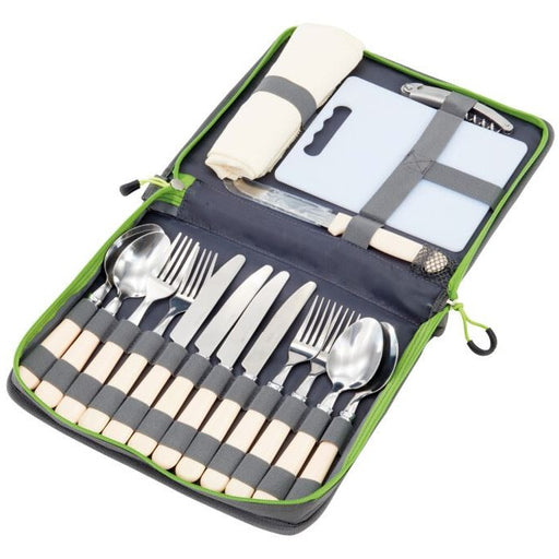 Outwell Picnic Cutlery Set - Lightweight Camping Picnic Cheese & Wine Cutlery Set main feature image showing the open case with all knives, forks, spoons, napkins and a mini shopping board