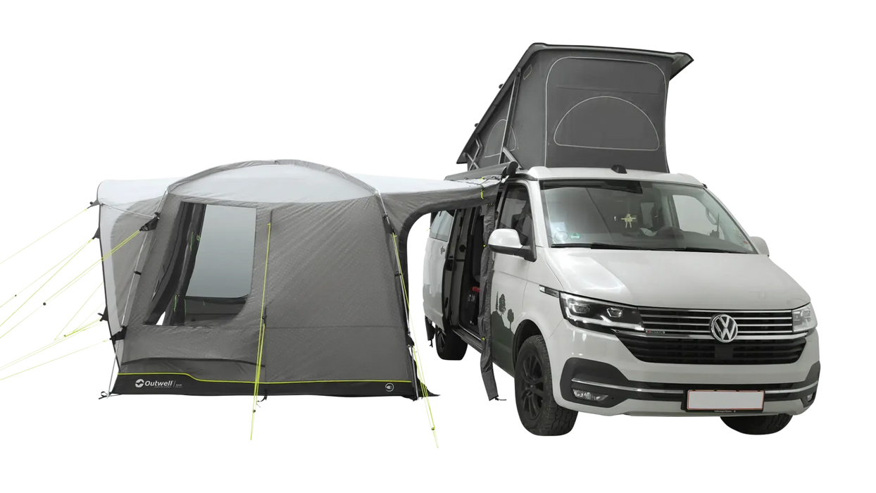 Outwell Pine Hills Drive Away Campervan Awning - product image, shown from side angle with tunnel open, attached to vehicle