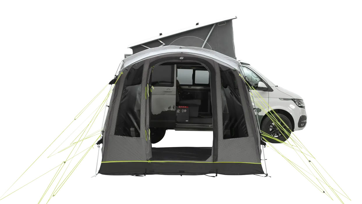Outwell Pine Hills Drive Away Campervan Awning - product image, shown from front angle with doors open, attached to vehicle